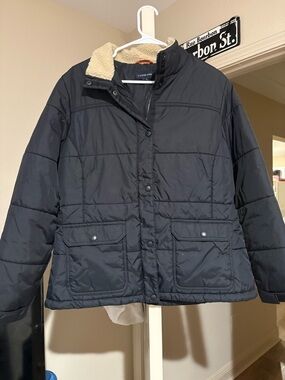 Lands' End Black Quilted Puffer Jacket with Sherpa Collar